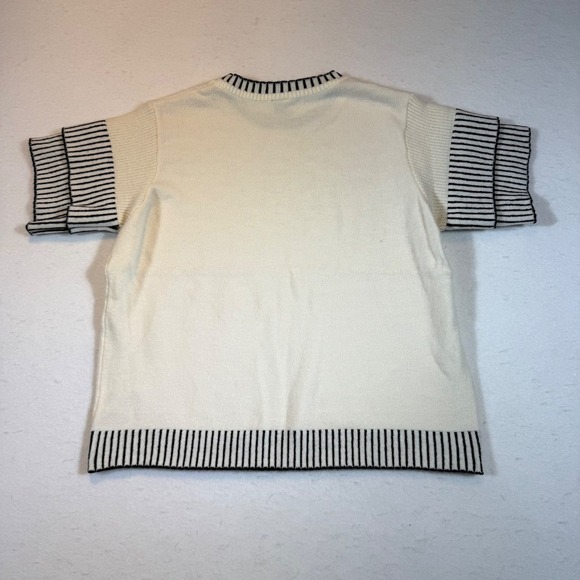 Cream Striped Knit Sweater Top Women's Size L Crew Neck Short Sleeve - Picture 2 of 3